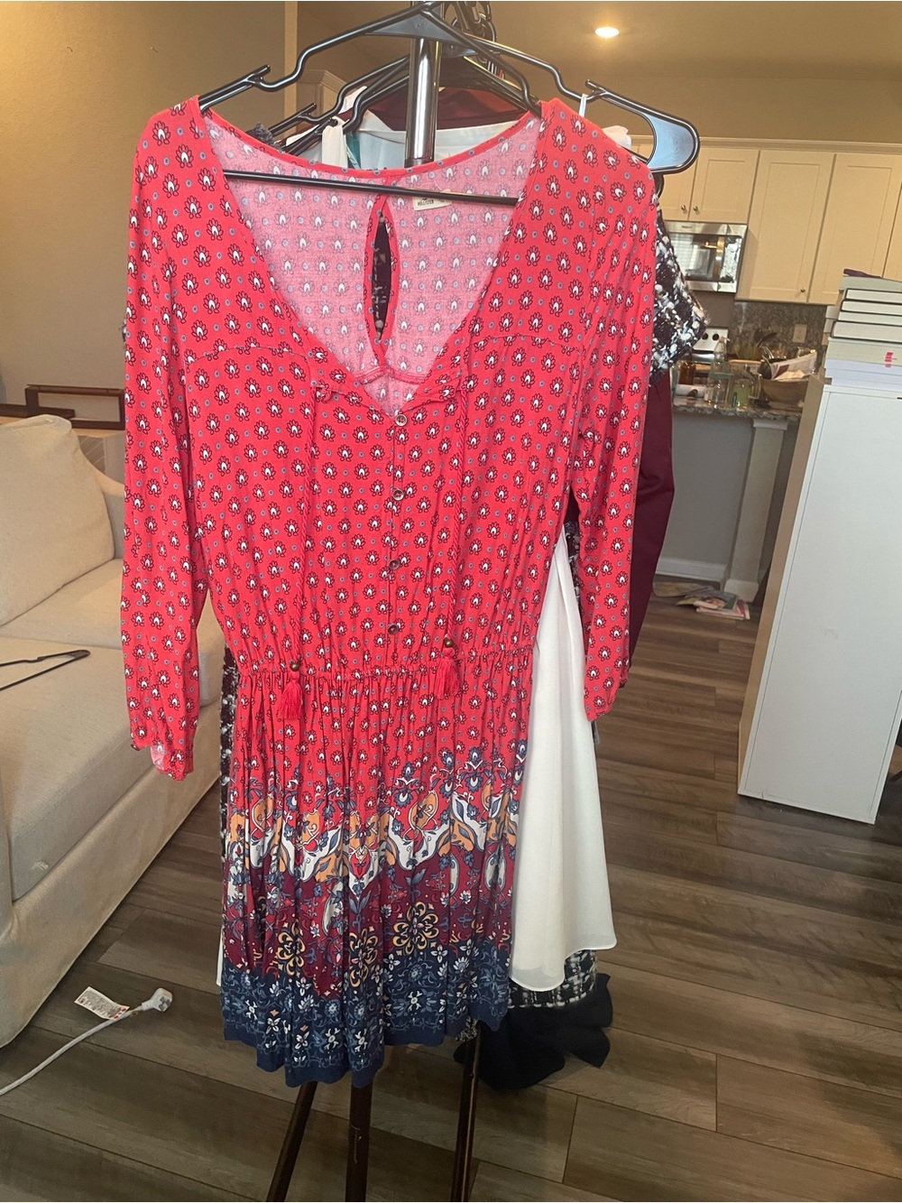 Hollister Red Printed Long-Sleeve Boho Midi Dress